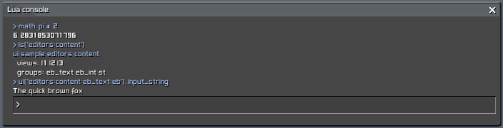 The Lua console demo: evaluate an expression, inspect a group with ls(), read a live widget property