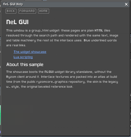 The help viewer demo: a local HTML index page with styled headings and links; Back/Forward frozen by history state