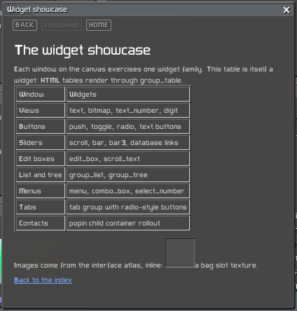 A second page: an HTML table rendered through group_table, inline images from the atlas, Back now enabled