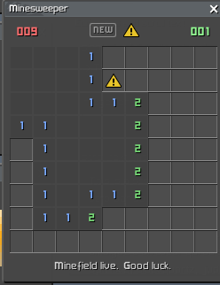 Minesweeper mid-game: 81 template-stamped cells driven entirely from Lua