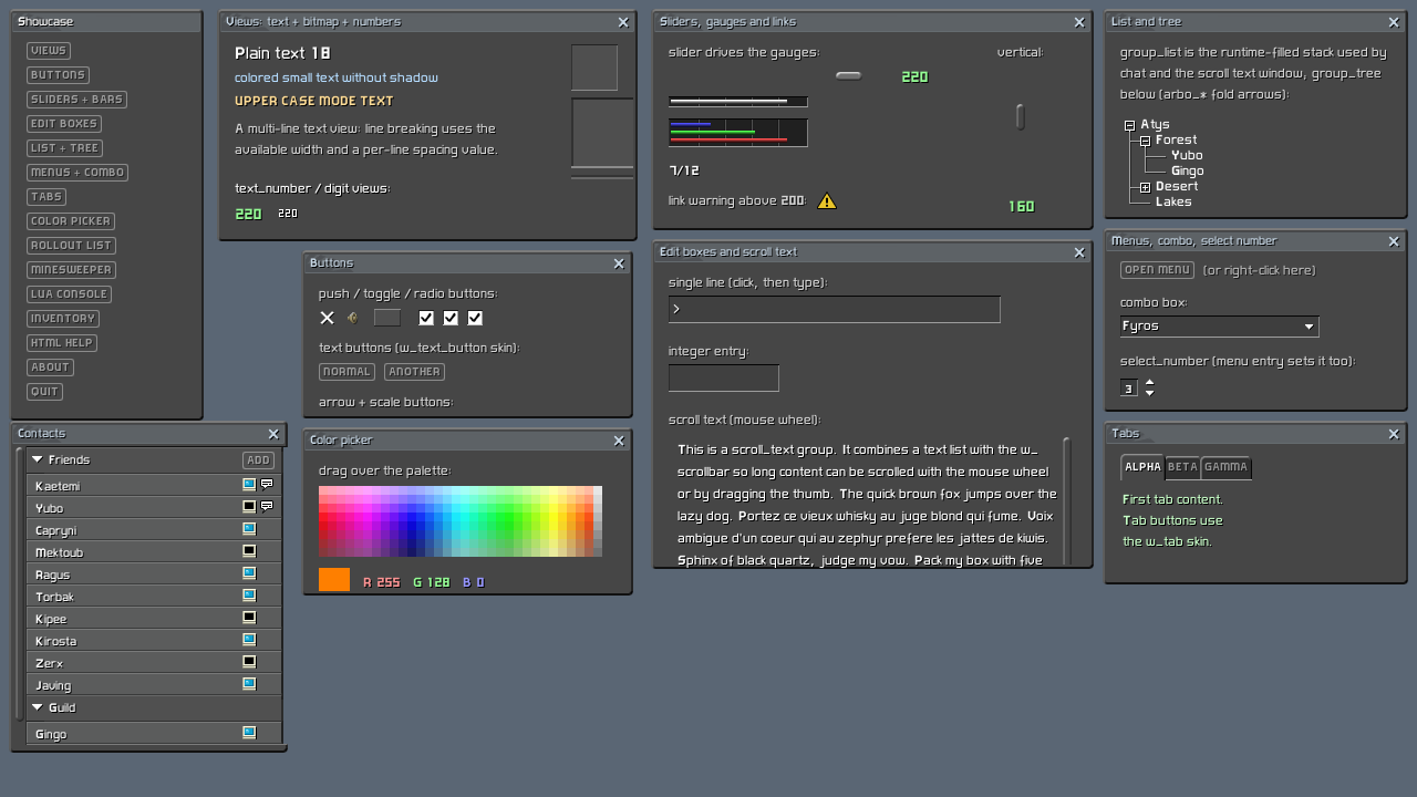The nl_sample_gui widget showcase: launcher, views, buttons, sliders, edit boxes, list and tree, menus, tabs, color picker and a contacts rollout, all on the legacy w_ skin