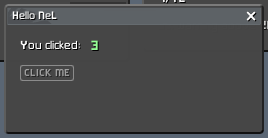 The finished tutorial window: a text label, a live counter bound to the database, and a button that increments it