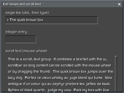The edit boxes window with typed text in the single-line box
