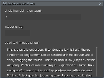 A scroll_text group in the editors window: a text list with its scrollbar, wheel-scrollable