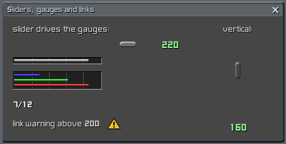 The sliders window: the slider writes a database leaf, the gauges and numbers read it, and a link shows the warning icon above a threshold