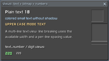 The views showcase window: text sizes and modes, bitmaps at natural and scaled size, and database-driven number views