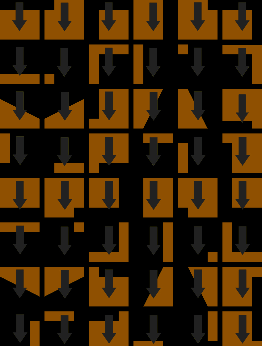 All 48 transition alpha bitmaps arranged in a 6x8 grid; orange is alpha 255 (foreground material) and black is alpha 0 (background material)