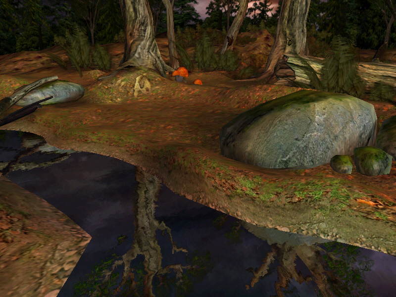 Matrox G400 demo showing EMBM water reflections on a river in a forest